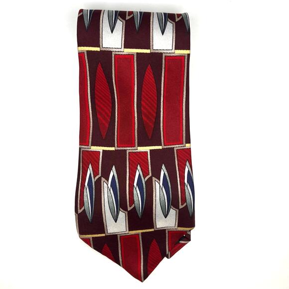 Halston -Men's Tie - Silk Geometric Y2K Necktie - Red Gray Blue 56" Long - Picture 4 of 5